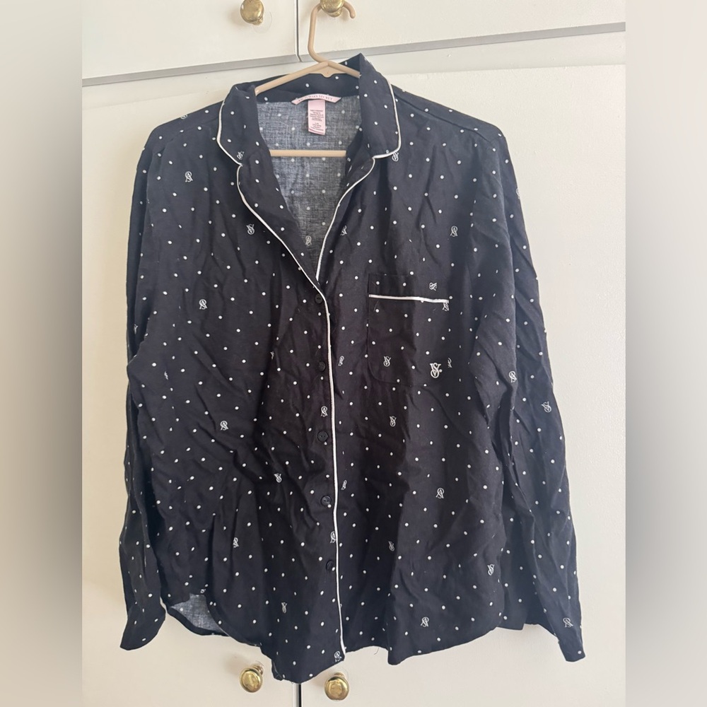 Victoria's Secret Black Polka Dot Button-Front pajama shirt with White Piping